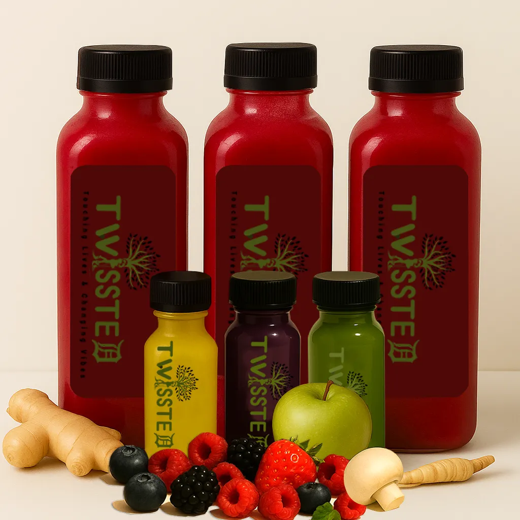 Three 12oz Red Colored Square Bottles and Three 2oz Purple, Yellow, and Green Small Bottles "Twissted" Logo Label surrounded by fresh fruits and vegetables on a clean white background