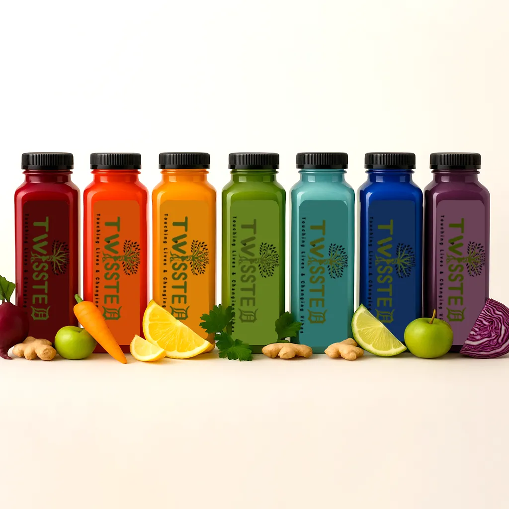 Three 120z Maroon Colored Square Bottles and Three 2oz Purple, Yellow, and Green Small Bottles surrounded by fresh fruits and vegetables on a clean white background