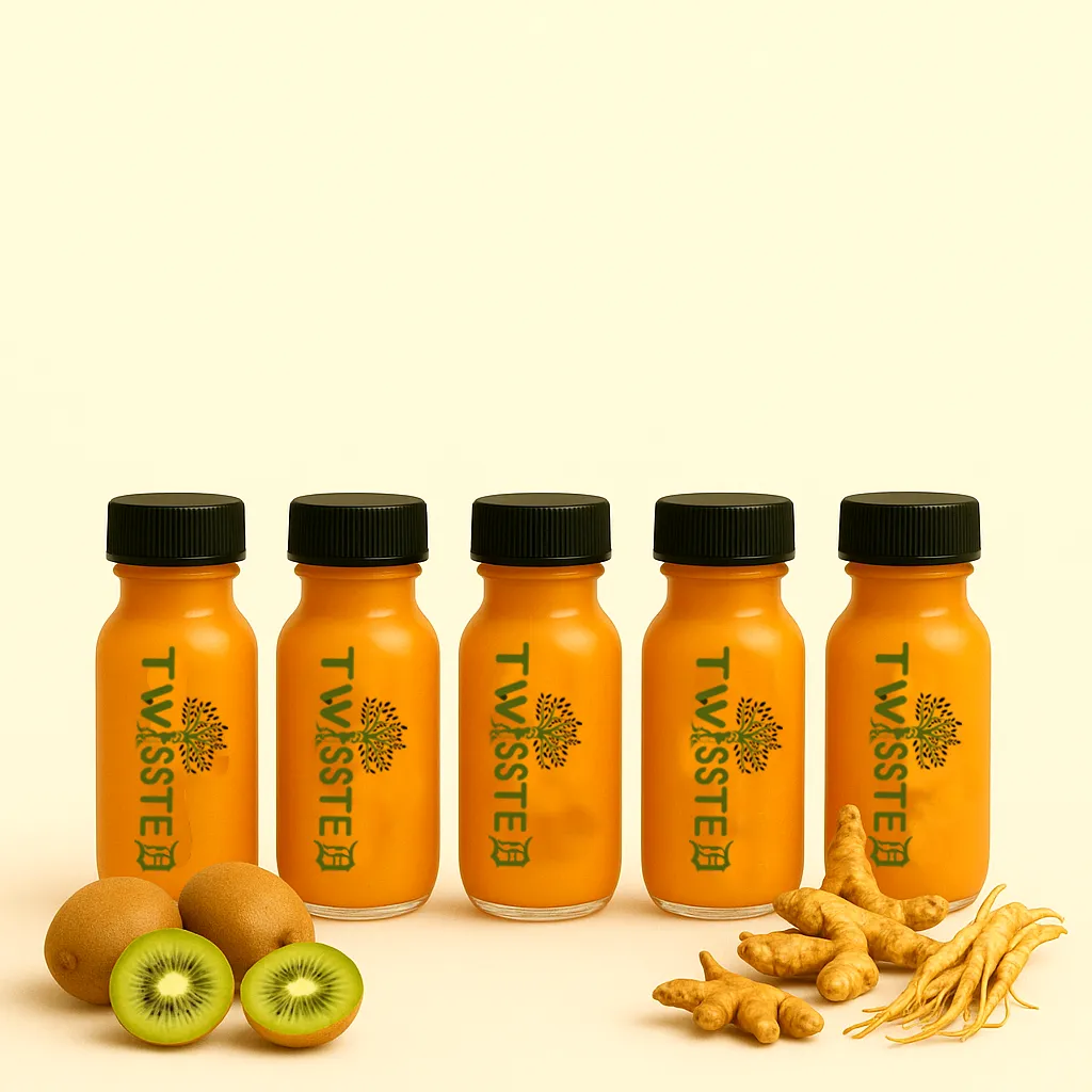 Five 2oz Orange Colored Small juice bottles with "Twissted" Logo Label surrounded by kiwi, ginger, and ginseng on a clean white background