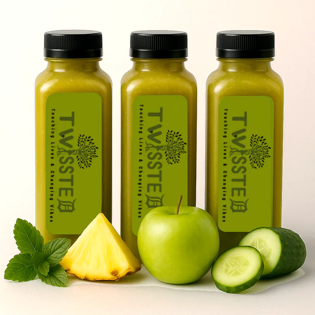 Three 12oz Green Colored Square Bottles with "Twissted" Logo Label surrounded by Apples, Cucumber, Pineapple and Mint on a clean white background