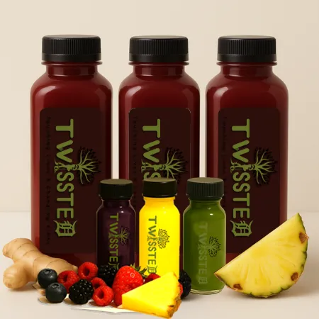 Three 12oz Maroon Colored Square Bottles and Three 2oz Purple, Yellow, and Green Small Bottles "Twissted" Logo Label surrounded by fresh fruits and vegetables on a clean white background