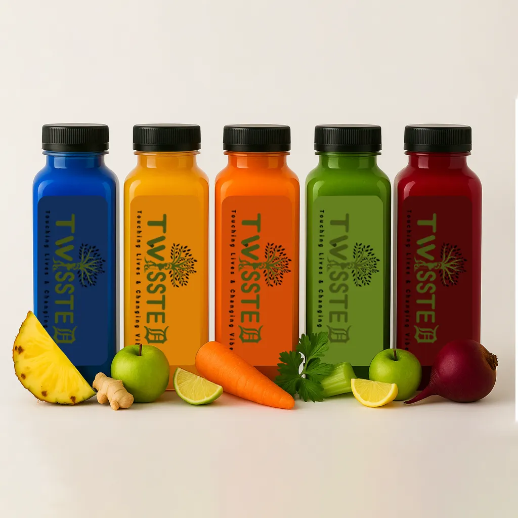 Five 12oz Colorful Square juice bottles with "Twissted" Logo Label surrounded by fresh fruits and vegetables on a clean white background