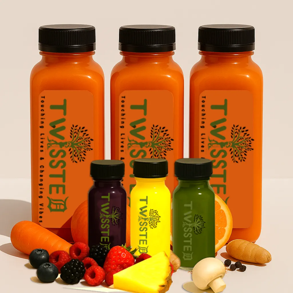 Three 12oz Orange Colored Square Bottles and Three 2oz Purple, Yellow, and Green Small Bottles with "Twissted" Logo Label surrounded by fresh fruits and vegetables on a clean white background