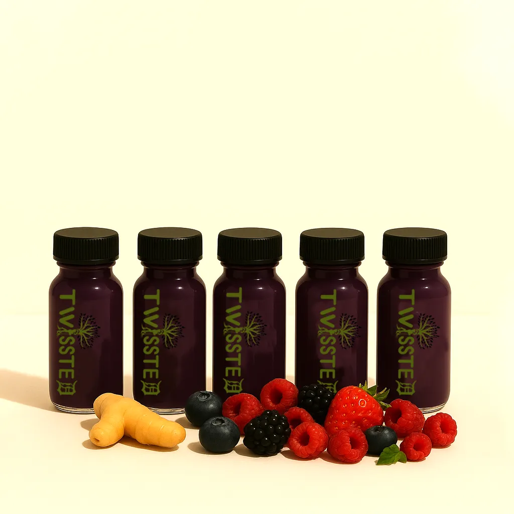 Five 2oz Purple Colored Small juice bottles with "Twissted" Logo Label surrounded by berries and ginger on a clean white background