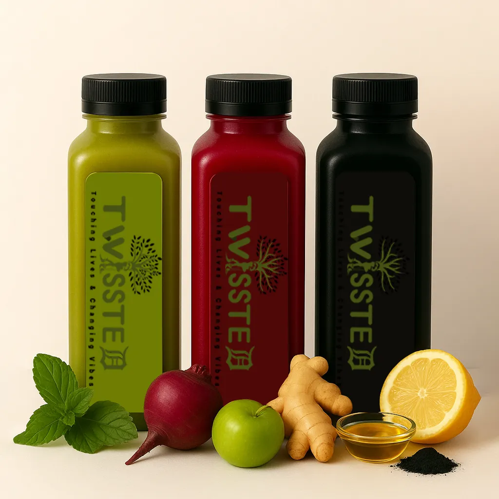 Three 12oz Green, Red, And Black Square juice bottles with "Twissted" Logo Label surrounded by fresh fruits and vegetables on a clean white background
