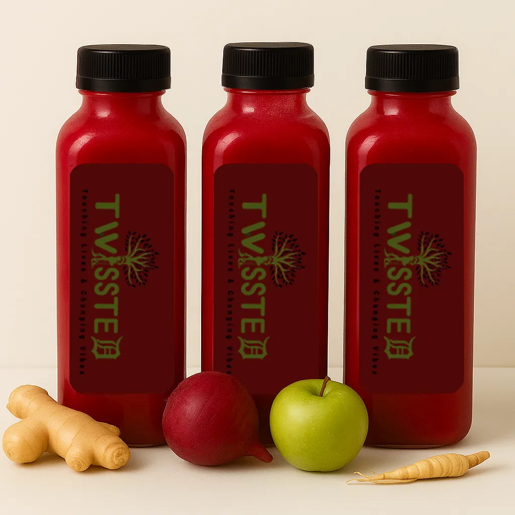 Three 12oz Red Colored Square Bottles with "Twissted" Logo Label surrounded by Apples And Ginger on a clean white background