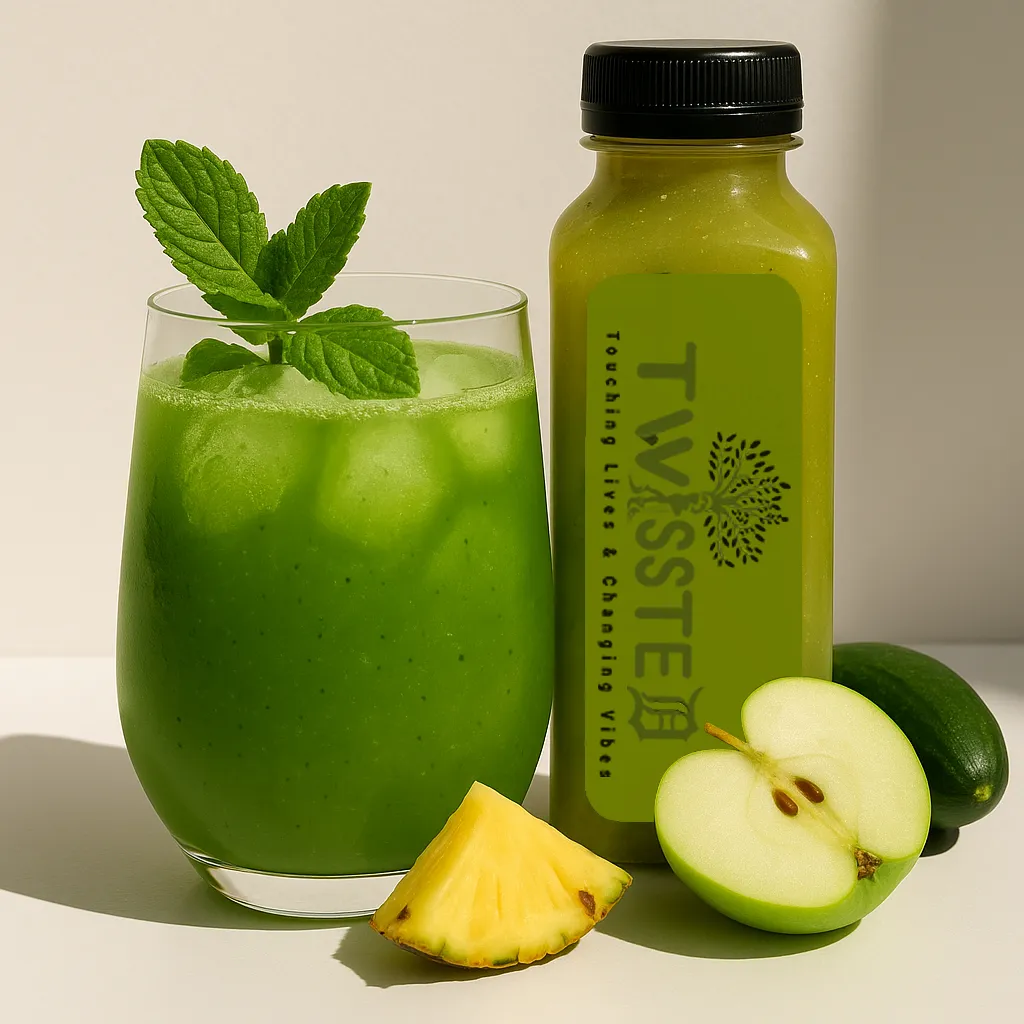 A refreshing green juice garnished with mint, next to a bottle of juice, apple slices, and fresh pineapple on a light background
