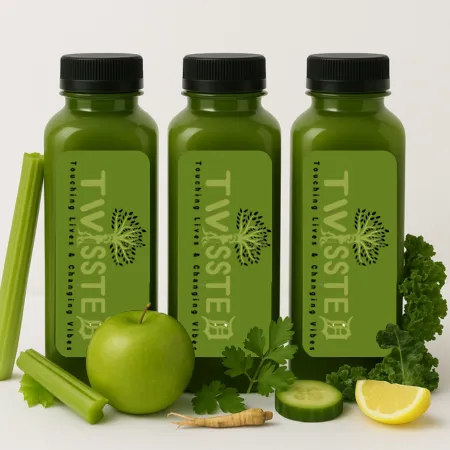 Three 12oz Dark Green Colored Square Bottles with "Twissted" Logo Label surrounded by fresh Green fruits and vegetables on a clean white background