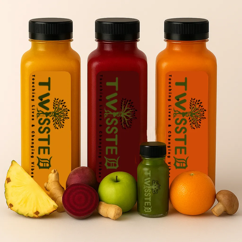 Three 12oz Yellow, Red, and Orange Colored Square Bottles and a 2oz Green Small Bottle with "Twissted" Logo Label surrounded by fresh fruits and vegetables on a clean white background