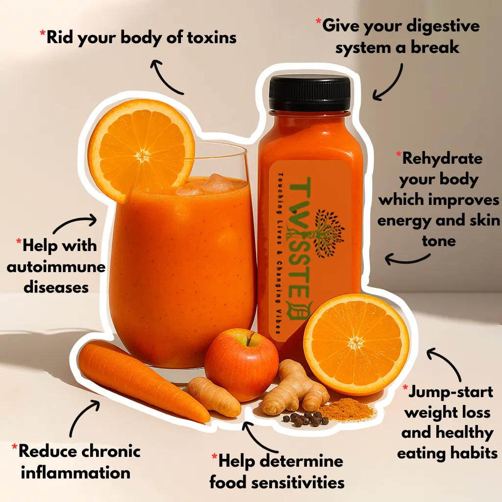 Bright orange TWISSTED juice bottle and glass surrounded by fresh ingredients—orange, apple, carrot, turmeric, and ginger—on a neutral background. Annotated text highlights health benefits like detoxification, digestive support, reduced inflammation, and improved energy. Keywords: detox juice, orange smoothie, TWISSTED wellness drink, turmeric carrot juice, natural health benefits, immune-boosting beverage, vitamin-rich cleanse.