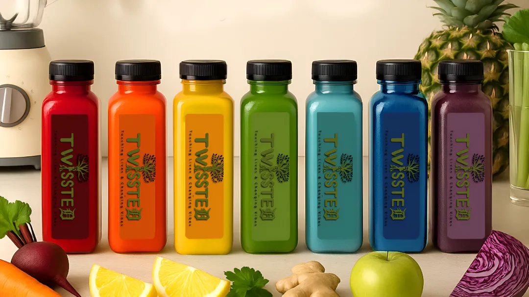Eight colorful juice bottles labeled "Twissted" are arranged in a row on a counter, with fruits, vegetables, and a blender in the background.
