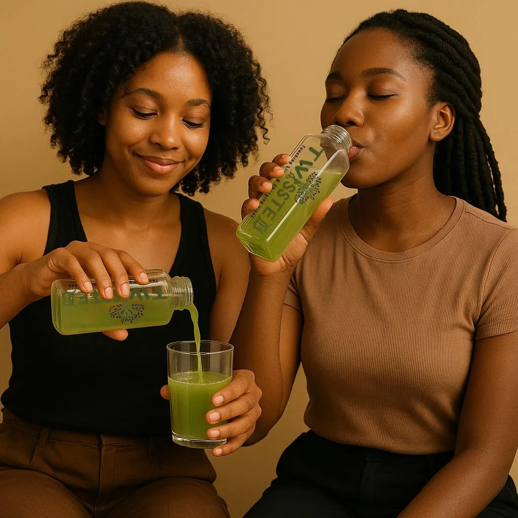 Two young women sitting together against a beige background, enjoying green juice from clear glass bottles labeled “TWISSTED.” One woman pours the juice into a glass while the other drinks from the bottle. The scene conveys a relaxed, healthy lifestyle and promotes wellness, natural beverages, and friendship. Keywords: green juice, healthy drink, wellness lifestyle, natural beverage, friends drinking juice, TWISSTED brand, nutrition, detox juice, plant-based drink.