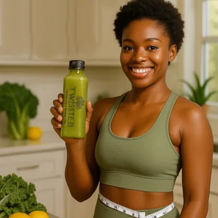 A woman in a green sports bra smiles while holding a bottle of green juice, promoting a healthy lifestyle.