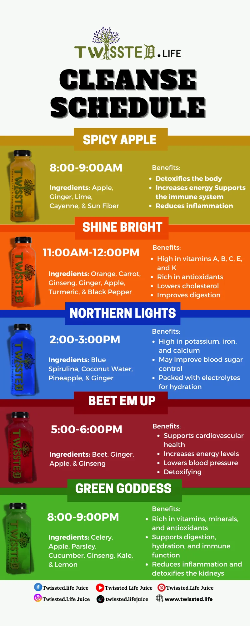 Full TWISSTED.Life “Cleanse Schedule” infographic featuring five cold-pressed juices—Spicy Apple, Shine Bright, Northern Lights, Beet Em Up, and Green Goddess. Each section details ingredients (such as apple, ginger, blue spirulina, and kale) and their benefits including detoxification, improved digestion, hydration, and energy boost. Keywords: TWYSSTE cleanse program, juice detox infographic, wellness drink benefits, plant-based cleanse schedule, healthy juice brand guide, nutritional detox drinks.