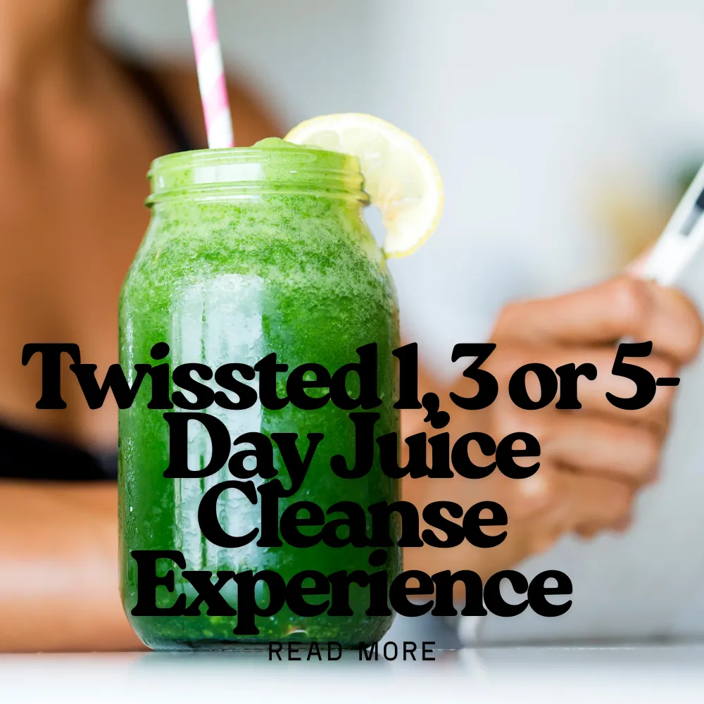 An image of a green smoothie with woman working on the background with overlay text saying "1, 3, or 5-day Juice Cleanse Experience, Read More"