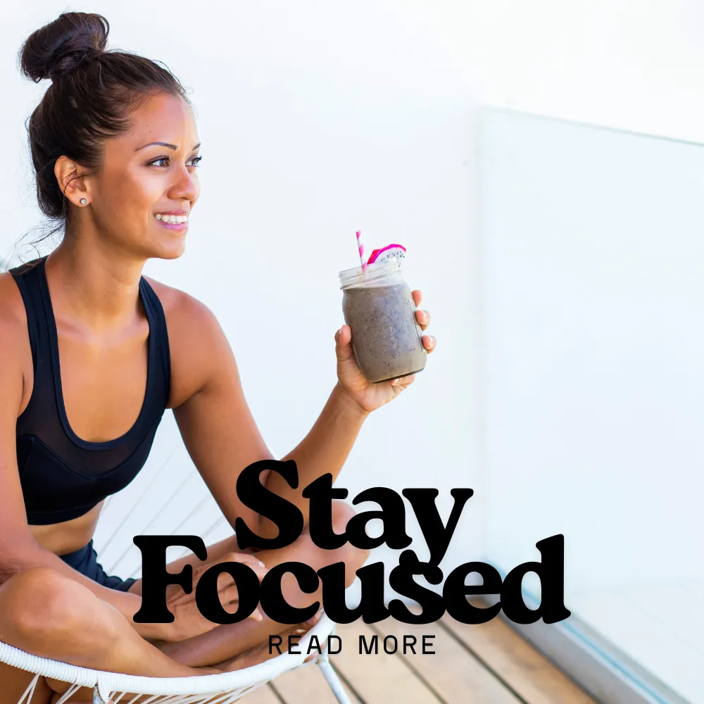A woman with a drink in hand sits on a chair, accompanied by the phrase "Stay focused, read more."