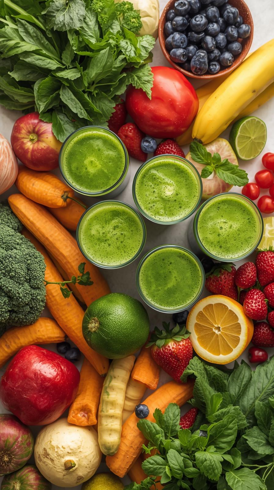 A colorful assortment of fruits and vegetables surrounds five glasses of green juice. Ingredients include spinach, apples, carrots, berries, and citrus, conveying freshness.