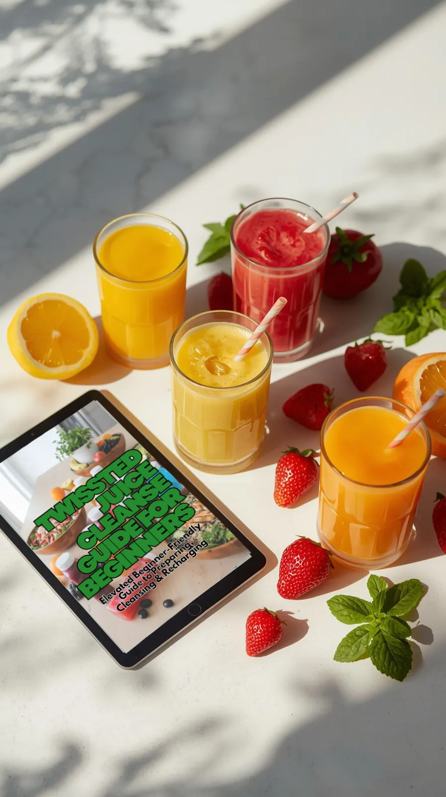 Freshly squeezed orange, yellow, and red juices with strawberries, lemon, and mint, next to a tablet displaying 'Twisted Juice Cleanse for Beginners'.