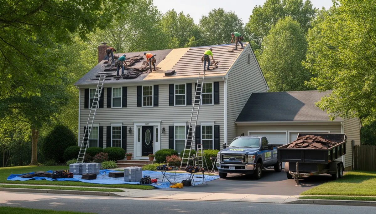 A team of workers replaces old shingles on the roof of a two-story home in Oakland, NJ.