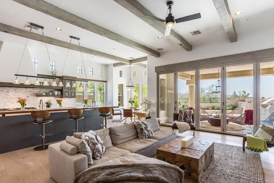 a newly remodeled kitchen beside the living room