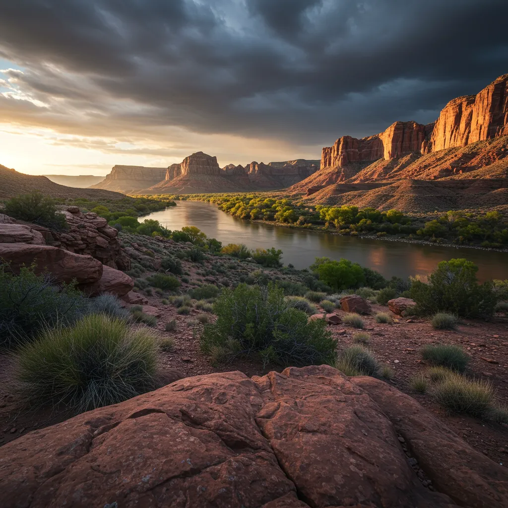 A diverse team of three construction professionals in safety vests and hard hats reviewing blueprints at a dusty job site, with heavy equipment in the background, under bright midday sun. The image is candid, documentary-style, and emphasizes teamwork and safety.