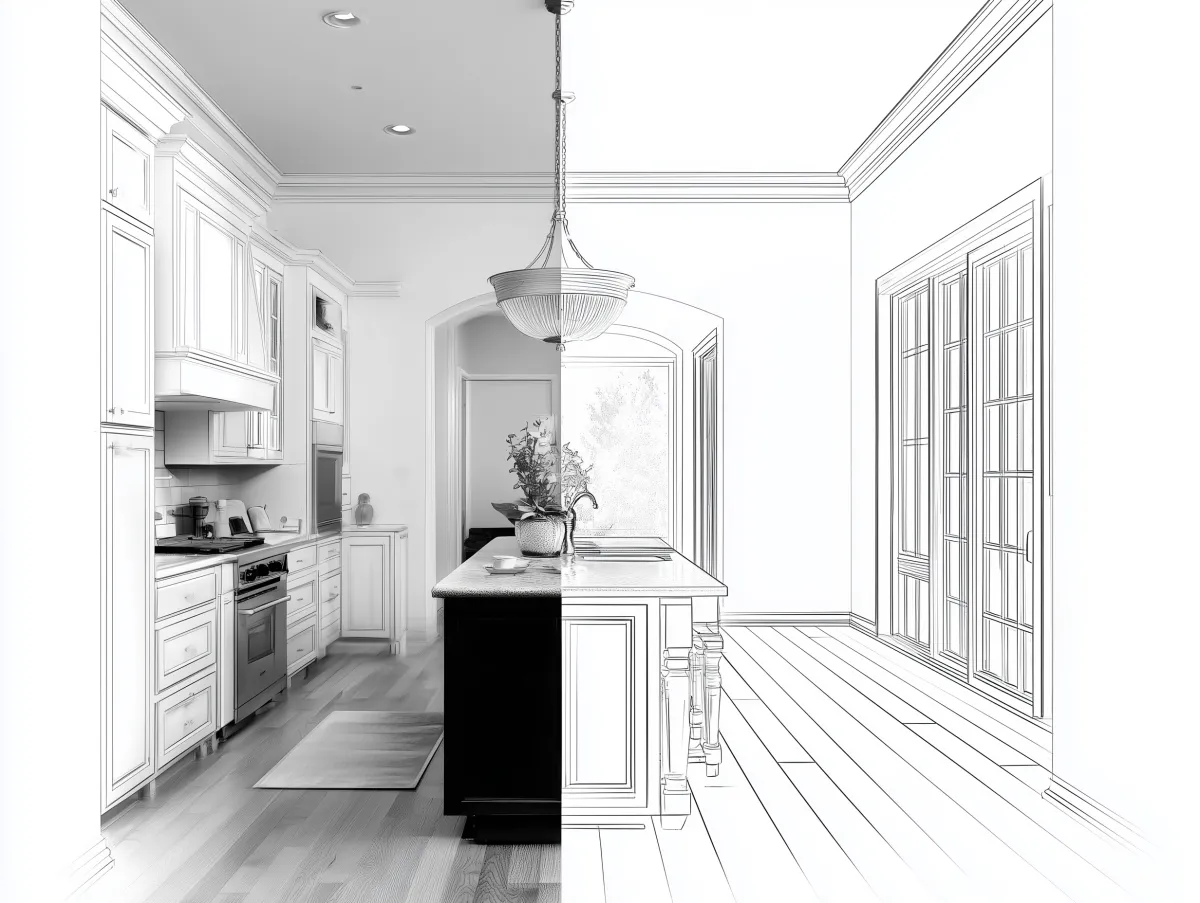 Split image showing kitchen design drawing transforming into finished remodel in Navarre Florida home