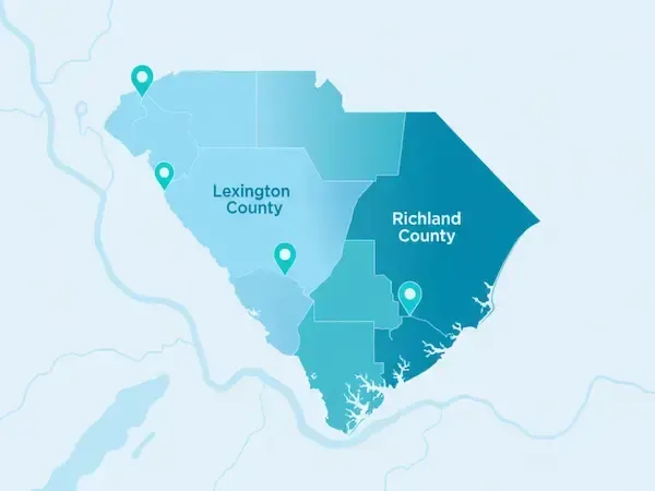Service area map for Palmetto Pool Solutions in Lexington, SC and Richland County, SC