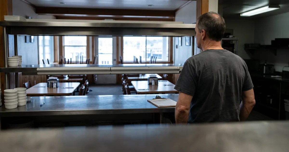 A restaurant manager standing alone at the empty pass in an open dining room before the first ferry of the season arrives, looking out at the harbor