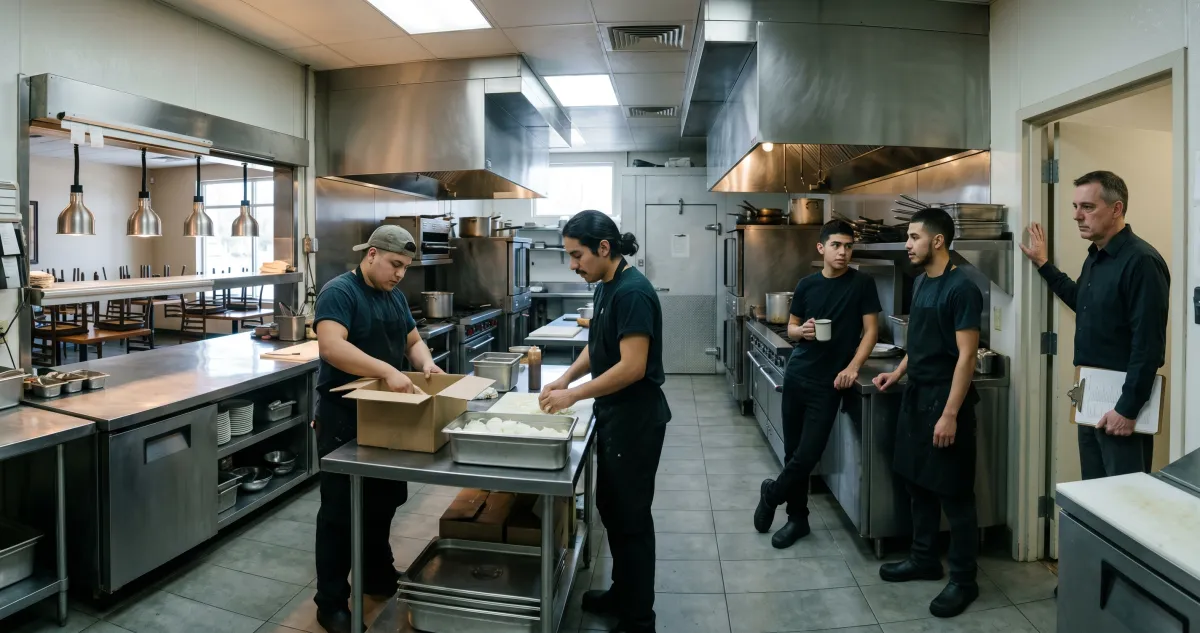 A restaurant operator in the kitchen at late morning, looking toward a line cook breaking down boxes near the walk-in. Stainless steel prep tables in the background, naturalistic kitchen light, the operator's posture mid-thought before the conversation.