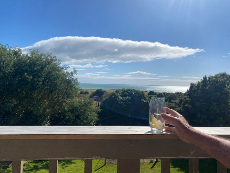 Gin and tonic on the deck overlooking Hampden Beach. 