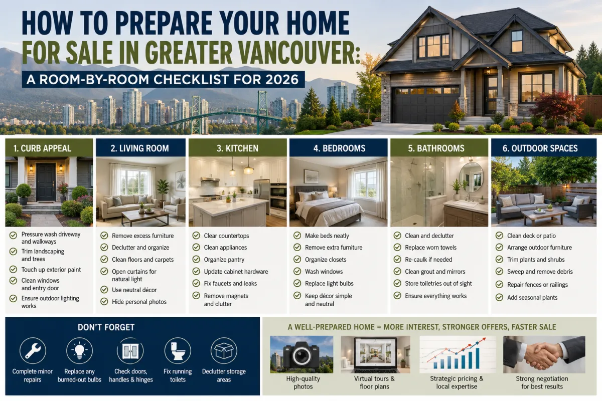 Room-by-room checklist for preparing your home for sale in Greater Vancouver, including staging, decluttering, curb appeal, and home-selling tips for 2026.