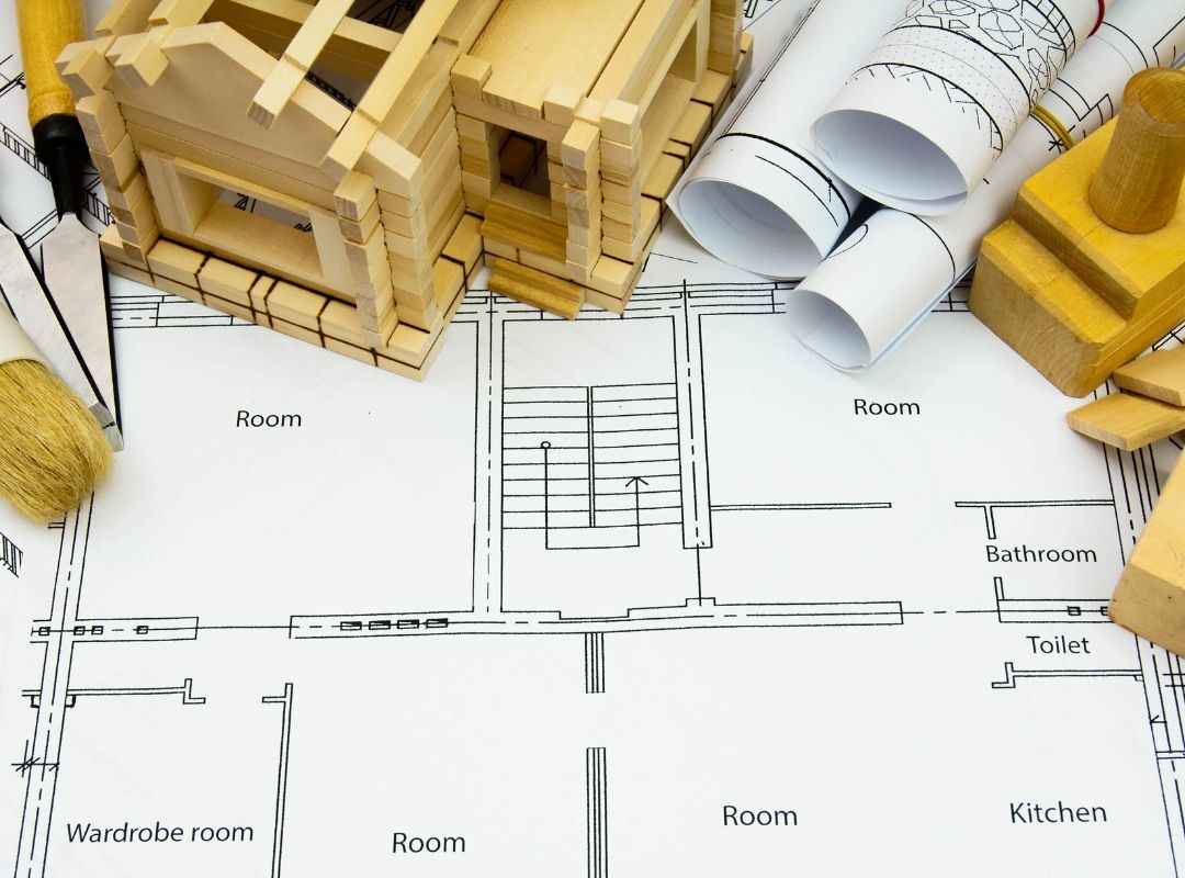blueprint and 3d render of house