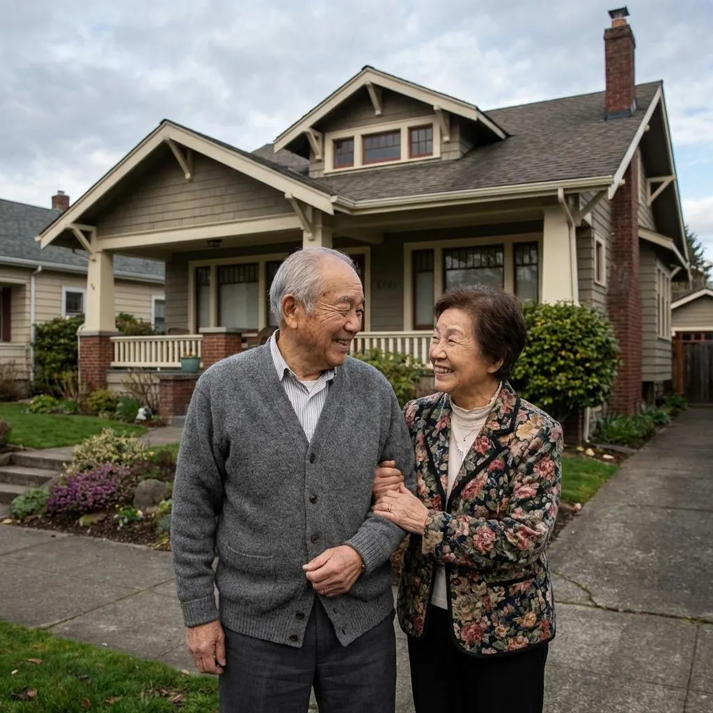 Elderly Asian couple standing in front of their home
