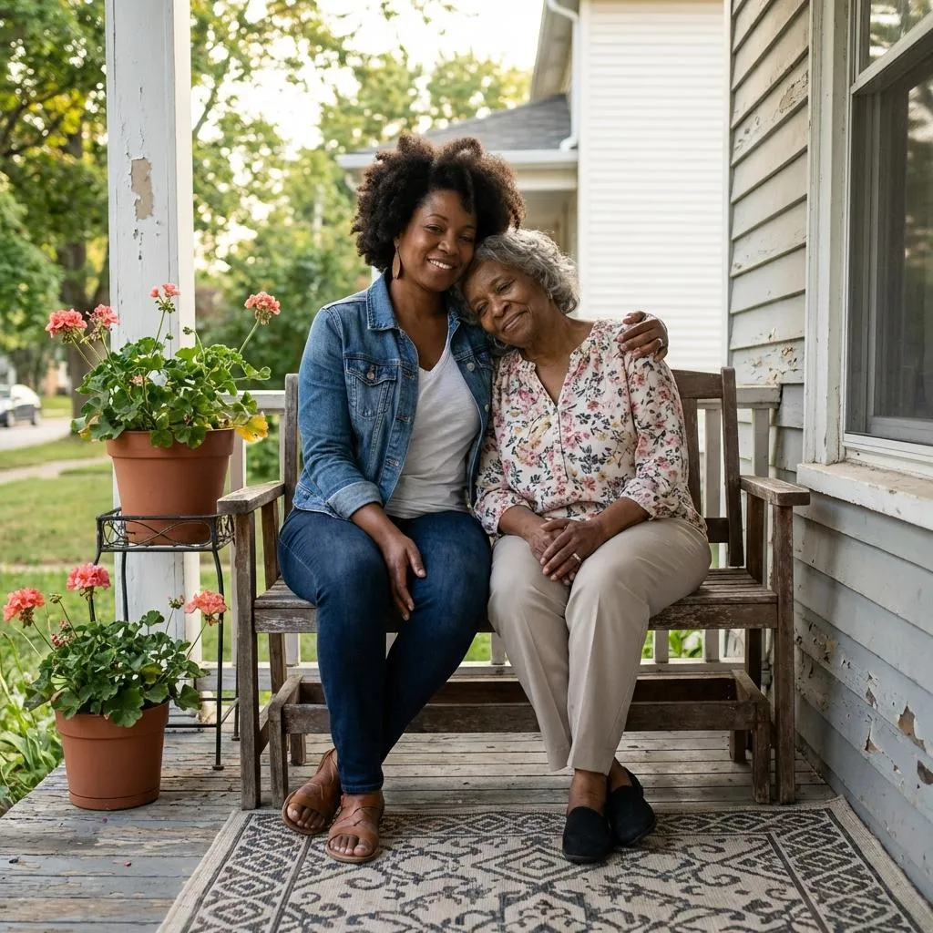 African American woman sitting on a front porch with her mother.