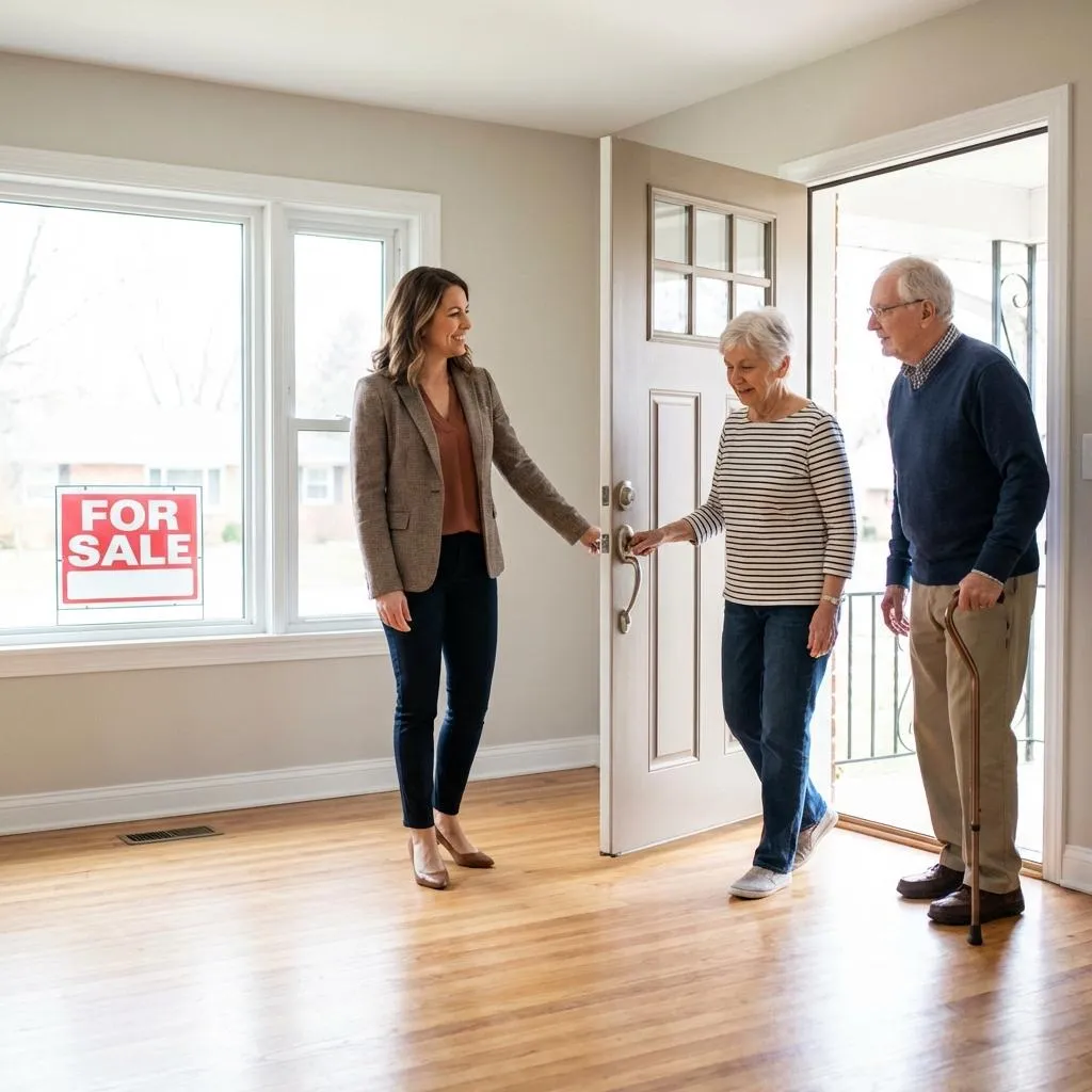 Real estate agent opening a door to a senior couple entering the home with a for sale sign in the window