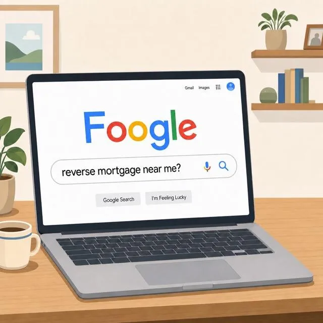 illustration of Foogle search page with "reverse mortgage near me?" in the search bar