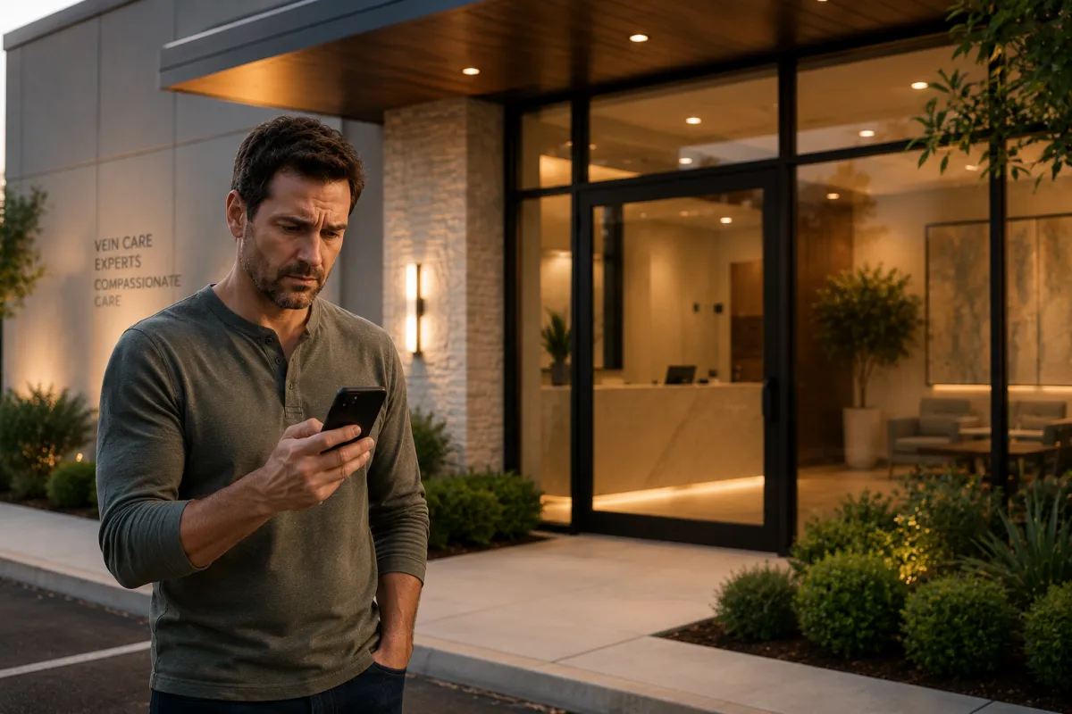 Prospective patient outside a modern vein clinic after an unanswered phone call while deciding whether to contact another provider