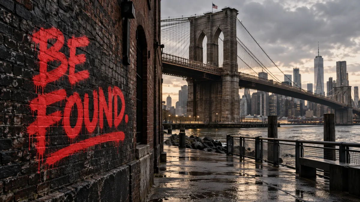 Red “BE FOUND” graffiti on a dark brick wall beside the Brooklyn Bridge and Manhattan skyline.