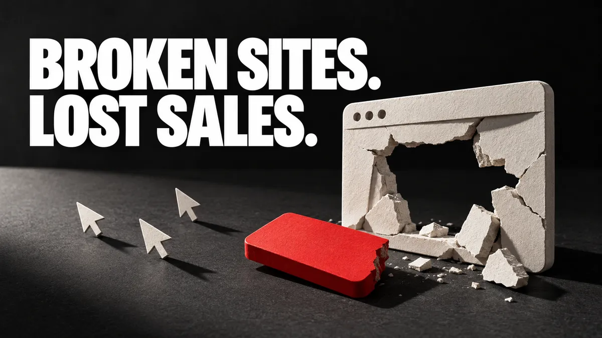 Broken sites, lost sales: a paper browser window has a detached red button as white cursor arrows move away.