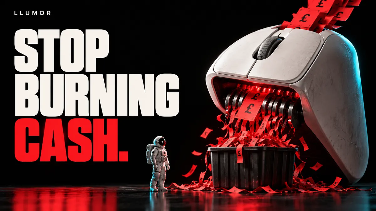 Stop burning cash: a giant computer mouse shreds red advertising budget slips.
