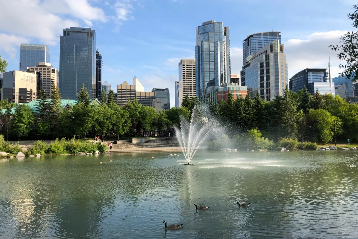 View of downtown Calgary with the bow river shown in bottom half of picture