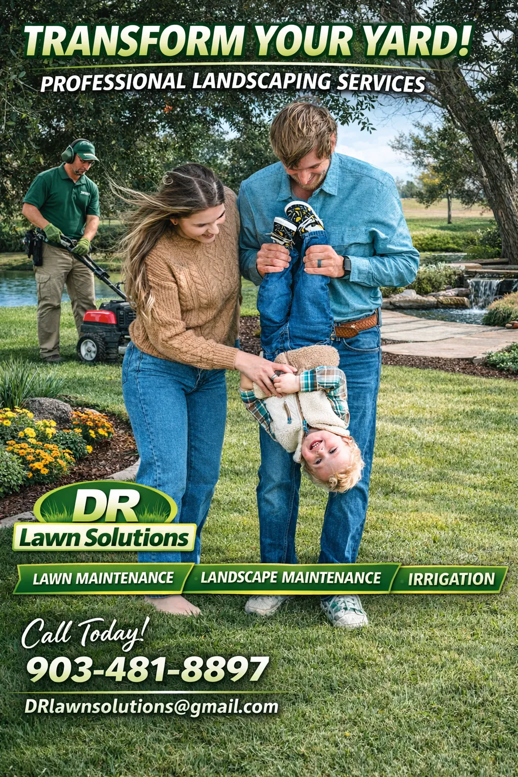 Family photo of Dalton Macey with their toddler showing off some landscaping in Tyler.