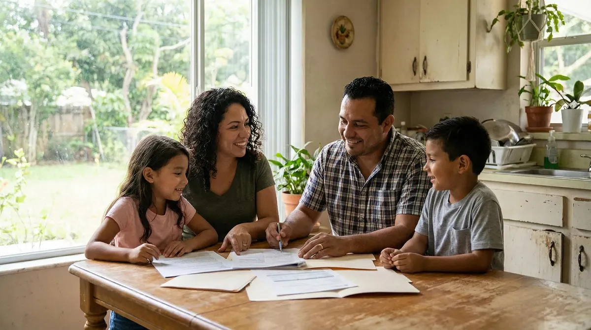 Trucking family reviewing health insurance documents at home while preparing for a possible change in coverage.