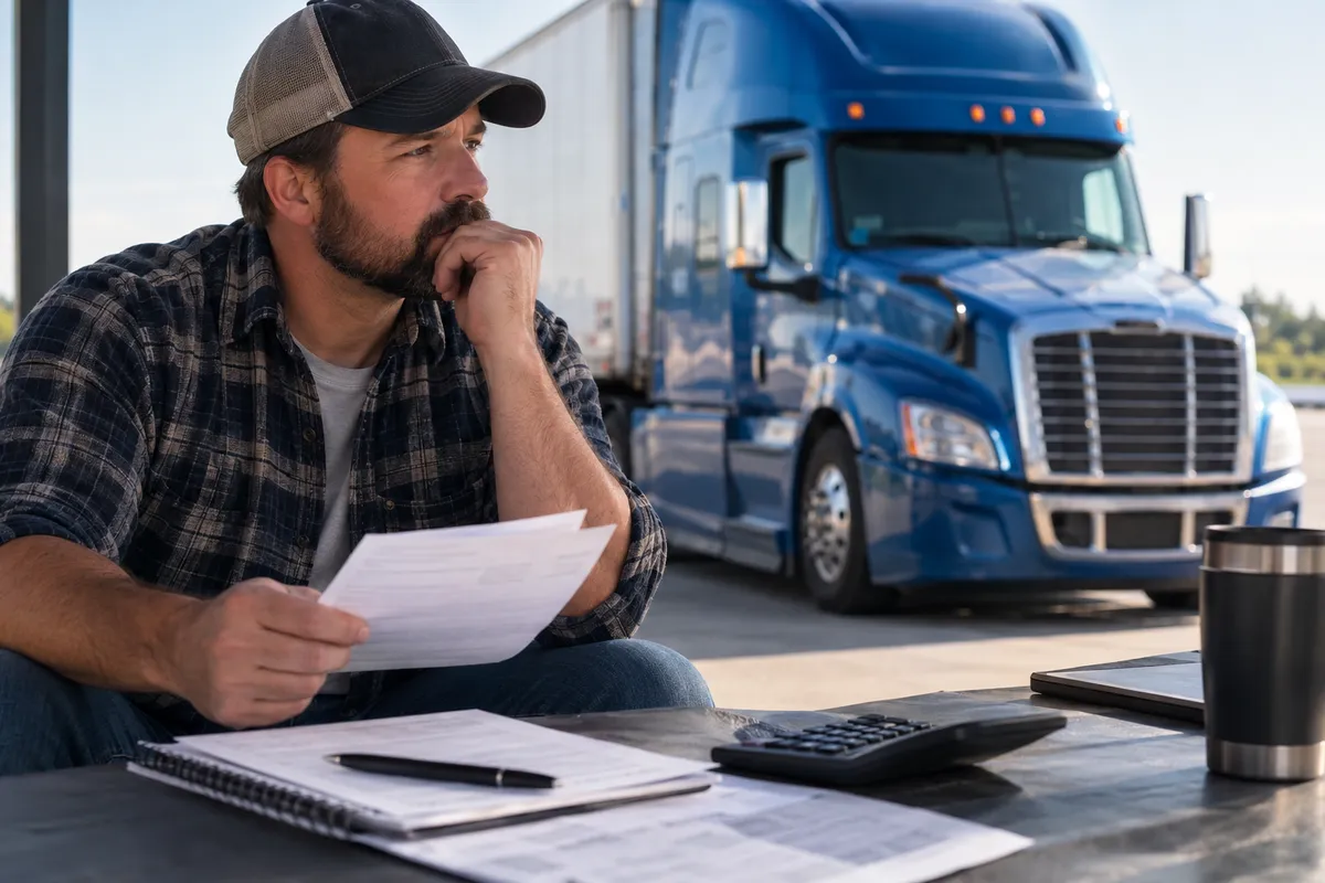 Owner-operator reviewing financial paperwork beside his semi-truck to assess income protection and truck payment obligations.