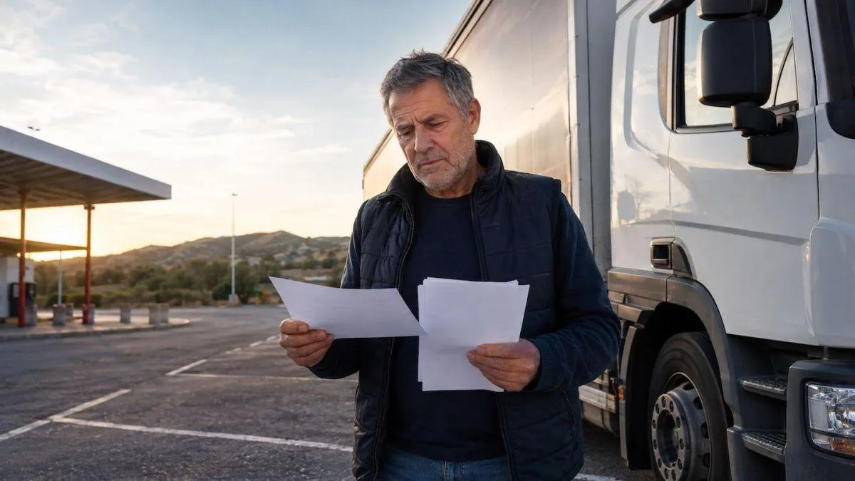 Truck driver reviewing his financial plans and year-end checklist beside a blue semi-truck.