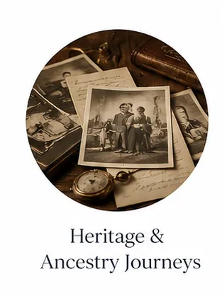 Vintage family photographs and heirlooms representing personalized heritage and ancestry travel journeys