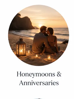 Romantic couple enjoying a private coastal sunset during a luxury honeymoon or anniversary journey