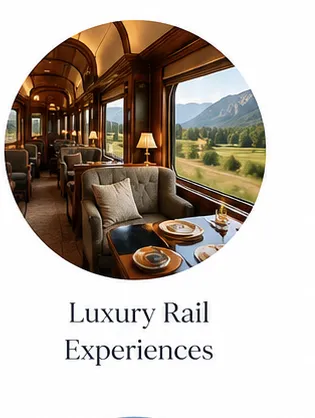 Elegant luxury train interior with panoramic mountain views during a refined rail journey