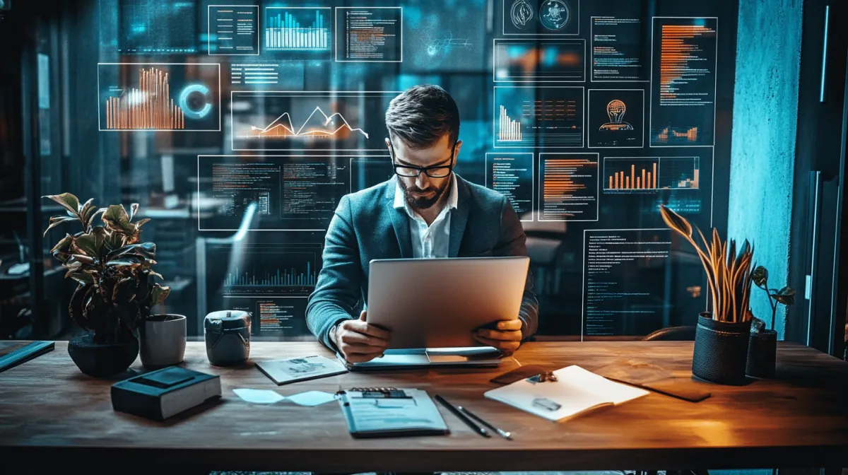 Digital Marketing Agency, Man workingon his laptop with digital marketing symbols and icons behind him