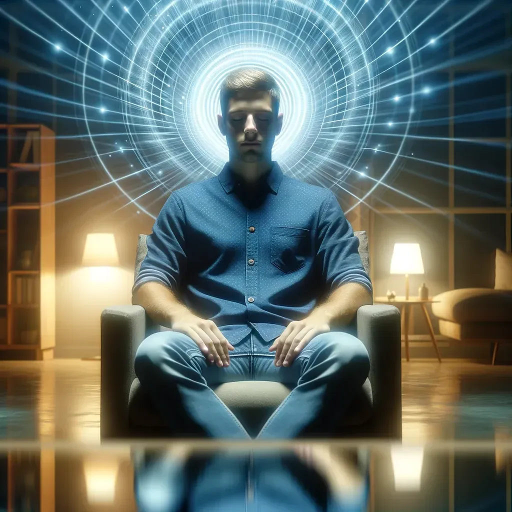 A person sitting comfortably with eyes closed in a deep hypnotic state. The setting is calm with soft lighting, symbolizing subconscious transformation and hypnosis therapy.